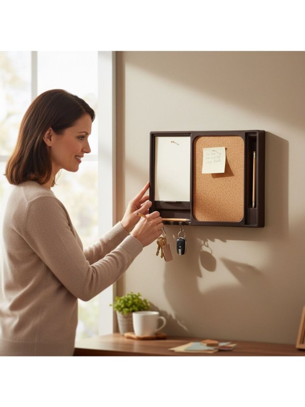 Message Center Organizer With Corkboard & Key Hooks Wall Mountable